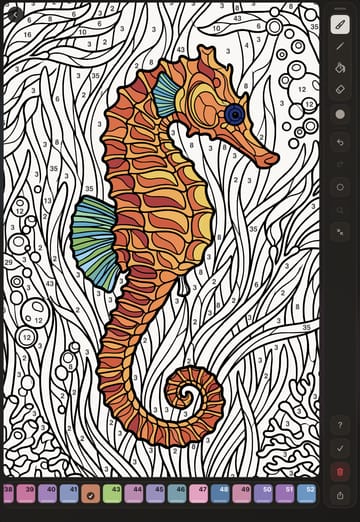 A seahorse among seaweed, part way through colouring: the seahorse painted in orange and red, the water still showing its numbers.