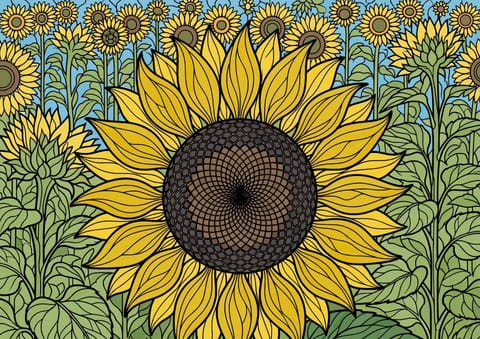 A finished page of a sunflower in a field of sunflowers.