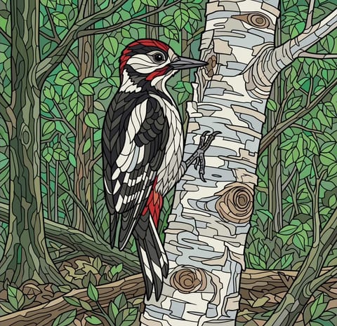 A finished page of a woodpecker on a birch trunk.