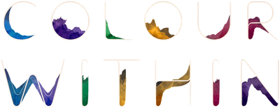 The Colour Within wordmark for dark backgrounds: outlined capital letters filled with deep watercolour washes.