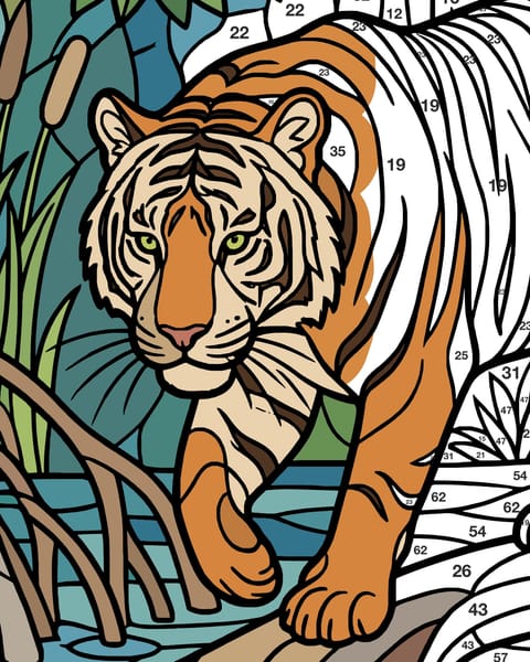 A tiger in a mangrove forest, part way through colouring: the left side painted, the right still showing its numbers.