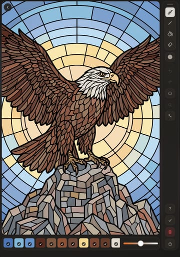 A finished page of an eagle landing on a rock, in a stained-glass style.