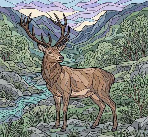 A finished page of a stag standing in a mountain valley.