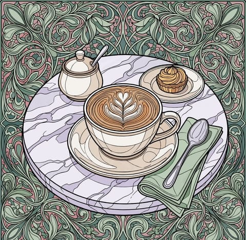 A finished page of a tea set with a latte and a pastry on a tray.