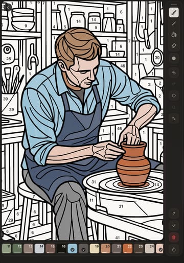 A potter at the wheel, part way through colouring: the figure painted, the shelves behind still showing their numbers.